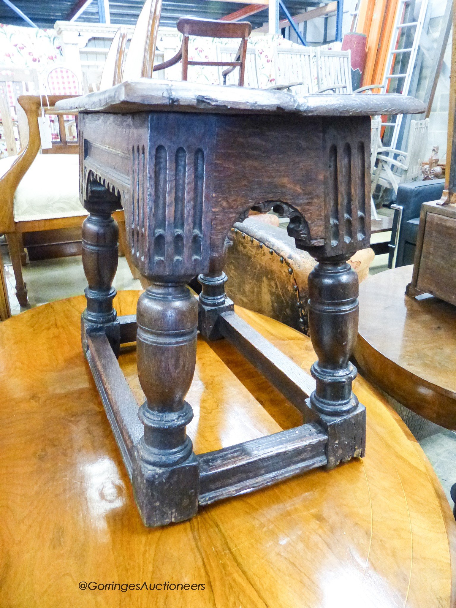 A 17th century style oak joint stool, width 55cm, depth 33cm, height 50cm